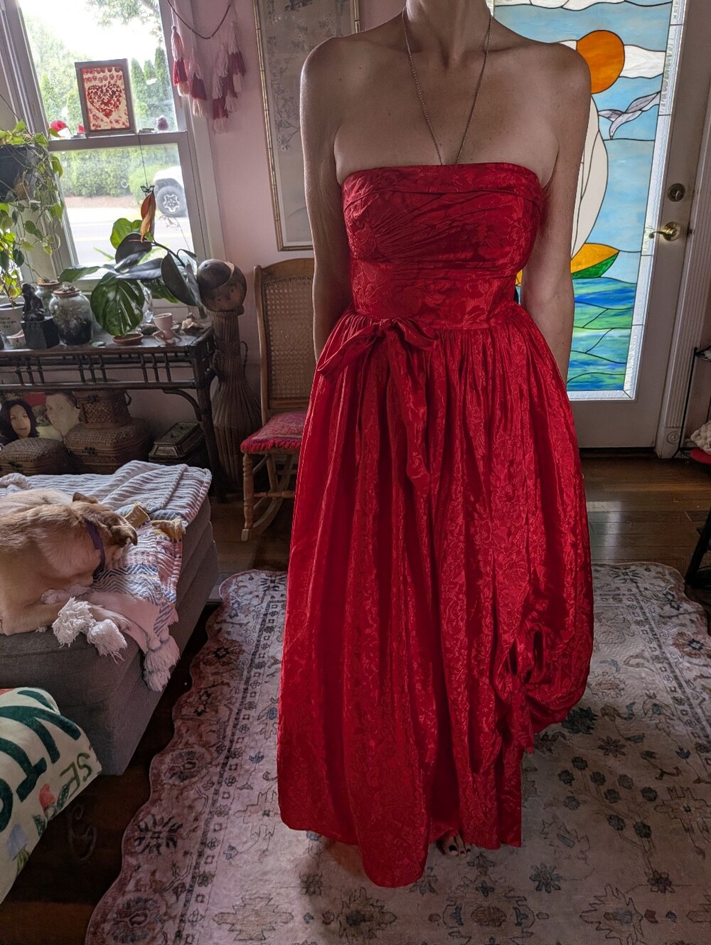 Strapless Red Midi Dress with Waist Tie